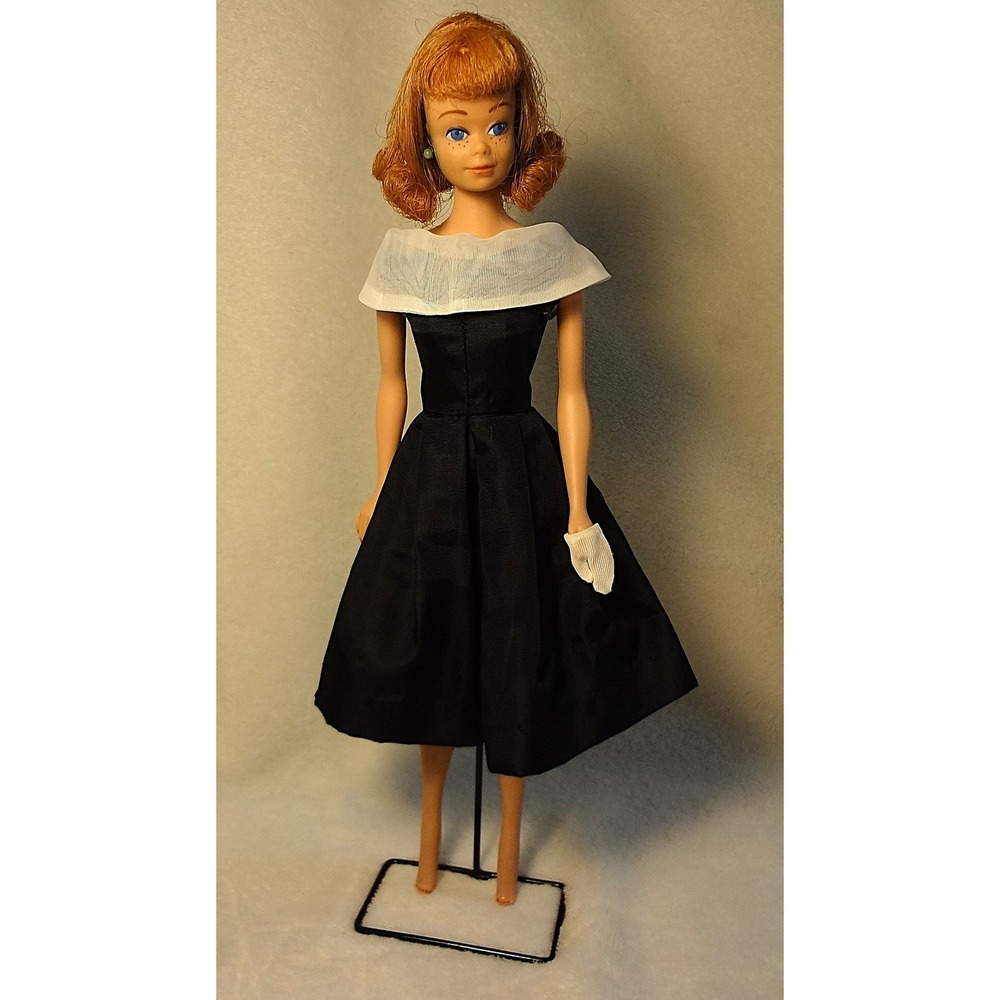 Vintage-Rare 1960s Midge Doll Red Hair Black Dress White Collar with Stand